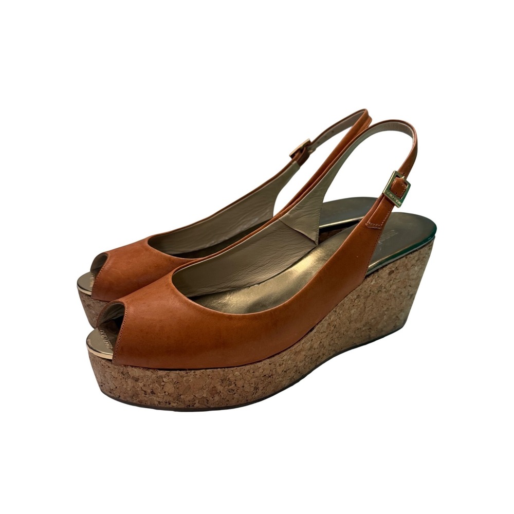 Jimmy Choo Tan Leather Cork Wedge Slingback Peep Toe Sandals Sz 40 Made in Italy